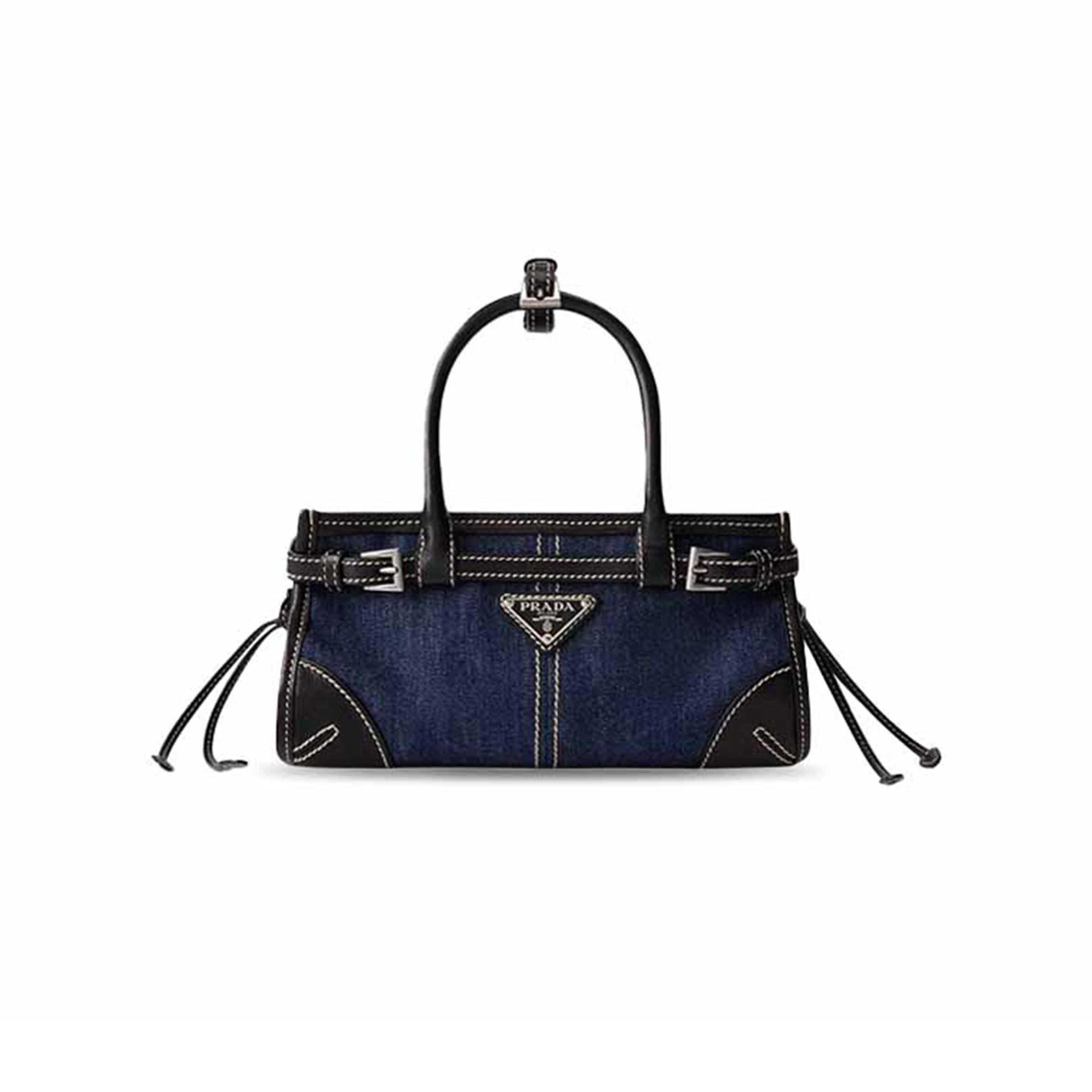 PRADA MINI TRIANGULAR METAL LOGO DENIM TOTE BAG 1BA486 (24*23*9cm)